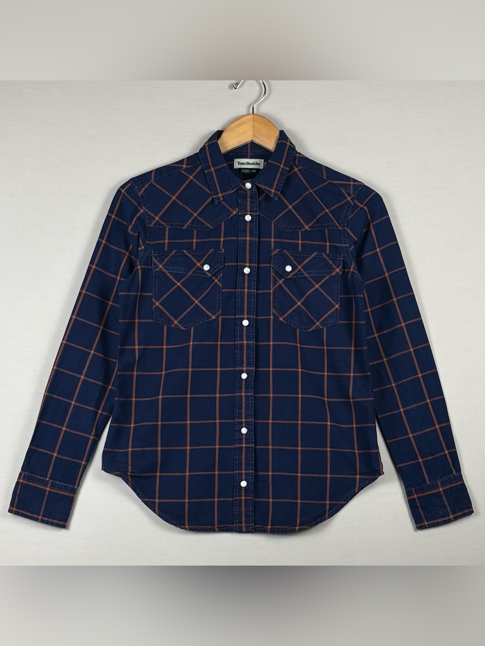 Tom Beckbe Women’s XS Navy Rust Plaid Western Pearl Snap Cotton Shirt